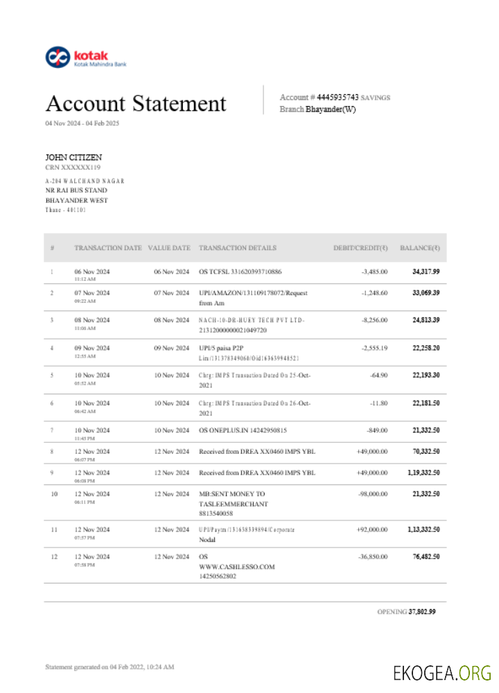 Modèle de relevé bancaire INDIA KOTAK, format Word et PDF
